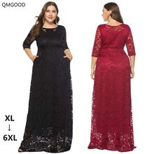 QMGOOD New 2020 Autumn Fashion O-Neck Match Pockets Luxury Elegant Slim Dresses for Women Party Casual Lace Maxi Dress Vestidos 2024 - buy cheap