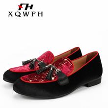 XQWFH Black and Red Match Velvet Shoes With Tassel Dress Wedding Party Banquet Men Smoking Slipper Loafers Slip-on Shoes 2024 - buy cheap