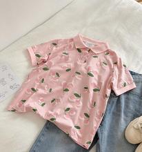 Cute cherry pattern turn-down collar short-sleeved T-shirt 2024 - compre barato