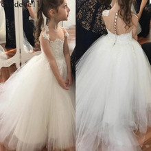 Cinderella Specila Design Scoop Lace Applique Cap Sleeves Soft Tulle Flower Girls Dresses Covered Button Little Girl Party Gowns 2024 - buy cheap