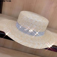 Boater-chapéu de palha, modelo feminino, chapéu de verão, curto, com strass, aba larga, proteção uv, sol, praia, para viagens, verão 2024 - compre barato