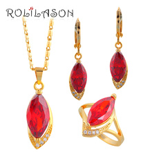 ROLILASON-Conjuntos de fiesta de zirconia de tono dorado, conjuntos de joyas de circón, pendientes, collar, anillo Sz #7,5 #6,5 #8,5 #8 #9, joyería de moda JS281 2024 - compra barato