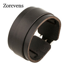ZORCVENS-pulsera de cuero negro de doble ancho para hombre, brazalete de acero inoxidable, joyería Punk 2024 - compra barato