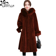 UHYTGF Fashion Oversized Fox fur collar winter Fur coat Women Hooded Sheep shearing Warm long outerwear Elegant female coat 1099 2024 - buy cheap