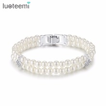 LUOTEEMI-pulsera con abalorios de perlas de imitación para mujer, pulsera con diseño de marca Simple, doble línea Noble, accesorios llamativos, joyería 2024 - compra barato