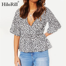 Blusa HiloRill de verano con escote en V profundo, blusa Sexy de leopardo con media manga acampanada, camisa informal, Tops holgados de talla grande, Blusas 3XL 2024 - compra barato