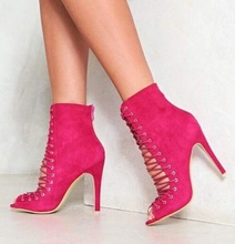 Fashion Fuchsia Suede Runway Bootie Peep toe Lace-up High Heel Gladiator Boots Women Back Zipper Cage Shoes Women Customized 2024 - buy cheap