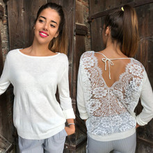 Women Backless O-Neck Lace Long Sleeve Sweatshirt Pullover Tops female Shirt Solid Autumn Cotton Blend spring shirt camicia 2024 - buy cheap