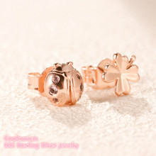 2019 Spring 100% 925 Sterling Silver Four-Leaf Clover & Ladybird Earrings, Rose gold & Pink CZ Original Brand woman Jewelry 2024 - buy cheap