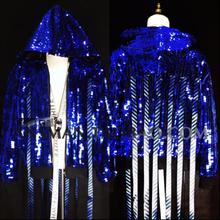 S-5xl 2021 nova roupa masculina cantor discoteca dj gd azul lantejoulas espelho fita solta tecelagem jaqueta de beisebol trajes palco 2024 - compre barato
