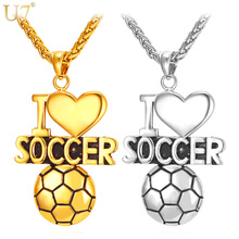 Collar con colgante de corazón de fútbol U7 para hombre y mujer, Color dorado, colgante de "I Love Soccer", joyería de acero inoxidable P849 2024 - compra barato