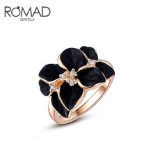 ROXI ROMAD Brand White/Rose Gold Color Black Oil Drip Flower Ring For Women Austrian Crystal Ring Luxury Wedding Bridal Jewelry 2024 - buy cheap