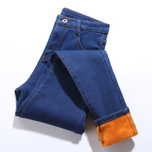 2021 зимние теплые брюки-карандаш, корейские облегающие эластичные джинсы, черные однотонные плотные теплые джинсовые брюки, женские флисовые брюки P8570 2024 - купить недорого