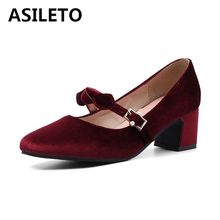 ASILETO women suede pumps shoes high heels Mary Janes buckle block heels round toe stiletto pumps bowtie dress chaussures sapato 2024 - buy cheap