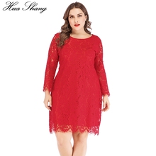 Vestido de encaje rojo para mujer, Vestido corto de fiesta de talla grande 6XL, con cuello redondo, manga larga y encaje calado Floral, de verano 2024 - compra barato