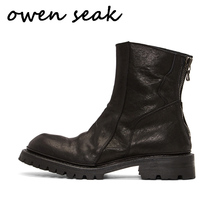 Owen Seak-Botines de cuero genuino para hombre, botas de nieve informales, zapatos planos con cremallera, color negro, para invierno 2024 - compra barato