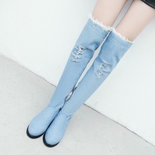 PXELENA Retro Hole Denim Thigh High Boots Women Square Med Heels Over The Knee Boots Ladies Casual Comfort Shoes Blue 2018 New 2024 - buy cheap