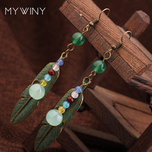 New Summer green feather shape dangle earrings, all nature stones vintage earrings Chinese Wind  ethnic jewelry earrings 2024 - buy cheap