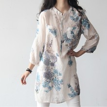Johnature Floral Print Cotton Linen Size Women Long Blouse 2021 New Spring Summer Loose Soft  Long Shirt 2024 - buy cheap