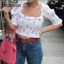 Bazaleas Elegant Hollow Out women Cropped blouse Ruffles Elastic womens tops and blouses Floral Print women shirts drop shippng 2024 - buy cheap