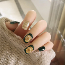 24Pcs/Set Green Color Finished Fake Nails Square Short Full Cover False Nails Goldleaf Design Artificial Nail With Glue Stickers 2024 - buy cheap