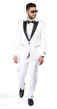Мужские Белые смокинги для жениха C504, пиковые черные атласные свадебные костюмы с лацканами, блейзер (пиджак + брюки + галстук), с Боковым Разрезом 2024 - купить недорого