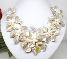 Free Shipping A natural pearl white leather handmade white shell 7flower pendant necklace 18" 2024 - buy cheap