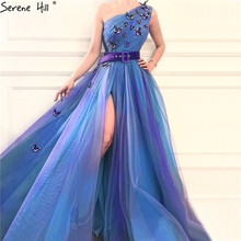 Синие вечерние платья-трапеции ручной работы с поясом-бабочкой, модель 2020 года, привлекательное длинное блестящее платье на одно плечо Serene Hill LA70133 2024 - купить недорого