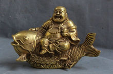 China Brass Yuan bao wealth Happy Laugh Maitreya Buddha Ride Fish Statue 2024 - buy cheap