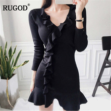 RUGOD New Bodycon Dress Women Solid V-Neck Mini Dress Ruffles Solid Sheath Sexy Dress Elegant Women Autumn Dress vestidos 2024 - buy cheap