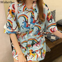 Woherb Harajuku Rainbow Animal Print Blouse Women 2020 Korean Kawaii Shirt Ladies Summer Loose Vintage Tops Plus Size Blusas 2024 - buy cheap