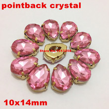 10x14mm  Sew On Rhinestones Pear Stone Acrylic Fancy Stone In Plated Gold Claw Setting Sewing Beads Crystal Pink color 2024 - buy cheap