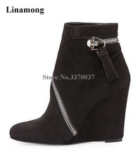 Women Fashion Round Toe Suede Leather Zipper Design Wedge Short Boots Black Blue Height Increasing Ankle Booties Causal Shoes 2024 - buy cheap