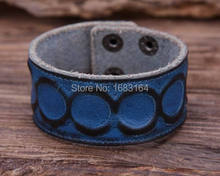 G87 Blue Retro Texture Embossed Quality Leather Wristband Bracelet Wide Cuff Mens 2024 - buy cheap
