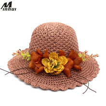 Minhui-gorros de paja con flores para mujer y niña, sombrero plegable para playa, gorros florales, sombrero para sol para mujer 2018 2024 - compra barato