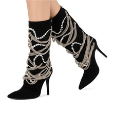 New Bling Crystal Metal Chains Embellished  Mid Calf Boots Stiletto High Heel Back Zip Shoes Women Black Suede Pointed toe Botas 2024 - buy cheap