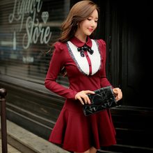Original 2016 Brand Autumn and Winter Vestidos Red Wine Peter Pan Collar Long Sleeve Slim Vintage Fashion Women Dress Wholesale 2024 - buy cheap