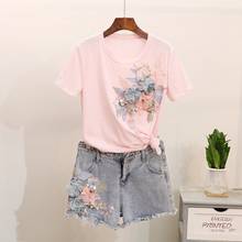 Summer 2018 Woman Fashion Three-dimensional Flowers Embroidered with Sequins Short Sleeved T-shirt + Denim Shorts Sets 2024 - buy cheap