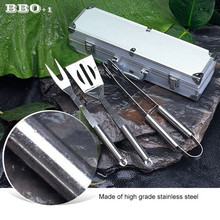 3 pcs Stainless Steel BBQ  Set w/ Aluminum Carrying Case Barbecue Grilling Tool BBQ Fork+BBQ Tongs+BBQ Spatula 2024 - buy cheap