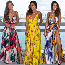 New Style Women Dresses Summer Boho Long Dress Evening Party Beach Dresses Print Spaghetti Split Sundress Deep V Neck 2019 Hot 2024 - buy cheap