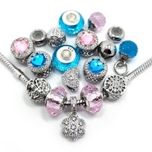 New 20pcs mix Style Pink and Lake Blue Micro-set Rhinestone Charms Beads fit European Pandora Bracelet DIY 2024 - купить недорого