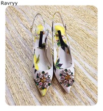 Туфли-лодочки женские на высоком каблуке, пикантные туфли-лодочки, заостренный носок, с принтом листьев и цветов, с кристаллами, желтые 2024 - купить недорого
