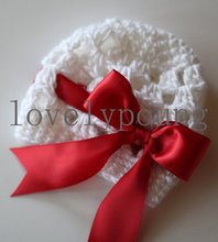 Hotsell baby white crochet hats with red satin bow girls bow hat  1pc 2024 - купить недорого