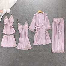 2020 5 pieces pijamas de cetim pijamas de seda de seda para casa vestuário de salão com almofadas de peito 2024 - compre barato