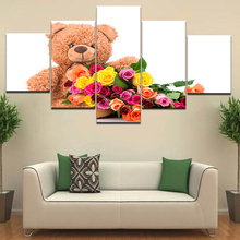 Arte abstrata moderna em tela, pintura hd impressa para parede, 5 painéis, imagem, urso de pelúcia, flores, pôster, decoração de casa, arte de quadro 2024 - compre barato