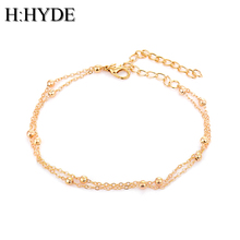 H:HYDE-tobillera de doble capa para mujer, cadena de boda, cuentas, color dorado, elegante y conciso, joyería para pie 2024 - compra barato