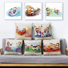 Funda de almohada con estampado de dibujos animados para niños, fundas de cojín cuadradas de lino para decoración del hogar, sofá, 45x45cm 2024 - compra barato