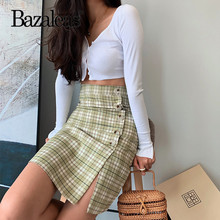 Bazaleas-Falda Retro hasta la rodilla para mujer, falda de tartán amarillo, Sexy, con botones laterales, ajustada, envío directo 2024 - compra barato