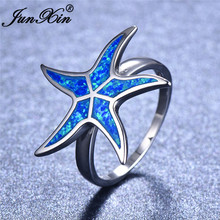 Junxin anel de estrelas do mar unissex, prateado para mulheres e homens, opala de fogo azul, pedra do arco-íris, bandas de casamento 2024 - compre barato
