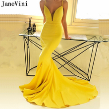 JaneVini Sexy Mermaid Long Yellow Prom Dress 2019 Spaghetti Straps Satin Dress Sweep Train Backless Cheap Plus Size Prom Dresses 2024 - buy cheap